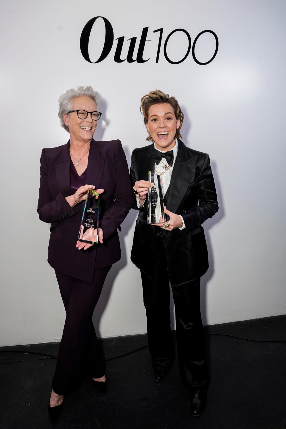 Jamie Lee Curtis, left, gave a fiery speech after being honored as "advocate of the year" at the Out100 celebration.