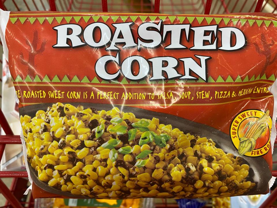 Trader Joe's roasted corn in the original orange-red packaging