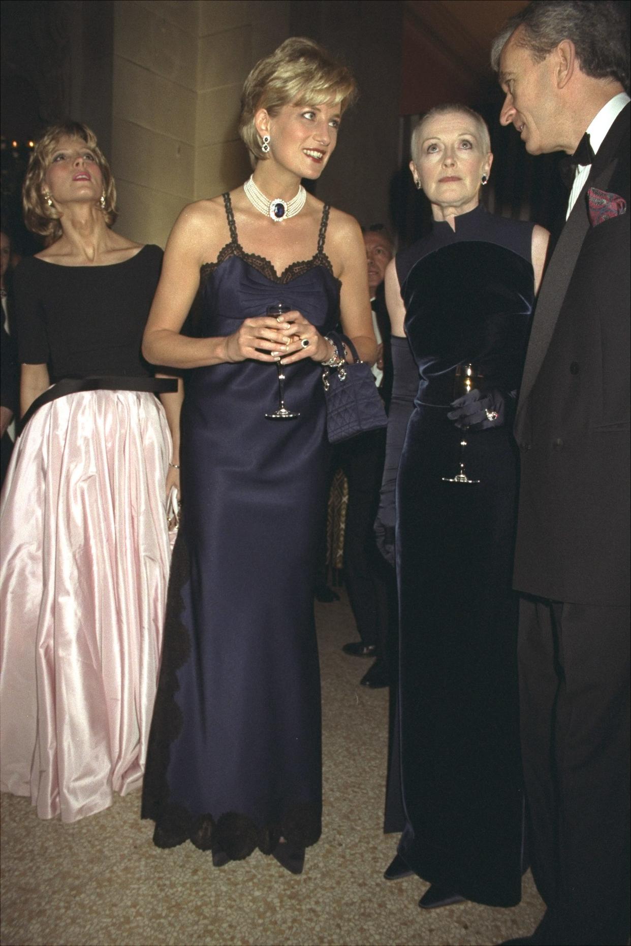 Helene Mercier, Diana, Princess of Wales, Liz Tilberis, and Bernard Arnault at the Met Gala in 1996.