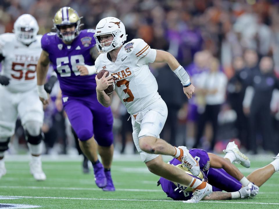 University of Texas quarterback Quinn Ewers in the CFP Semifinal Allstate Sugar Bowl in January 2024.