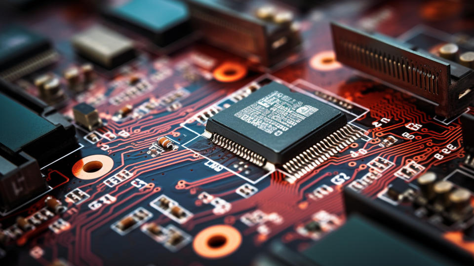 A close-up view of circuit boards with complex components soldered into place.