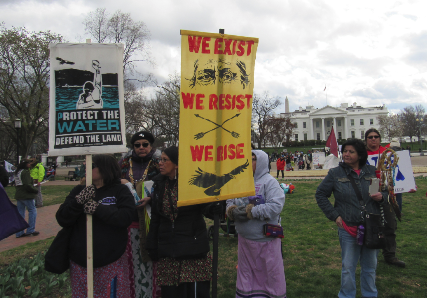 Water protectors at Lafeyette Park near the White House in March 2017 protesting the Dakota Access pipeline. (Photo by Levi Rickert)