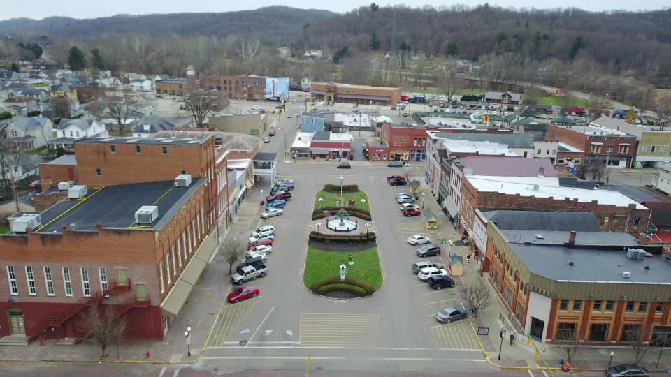 The town square of Nelsonville, Ohio. At lower left is Stuart's Opera House.