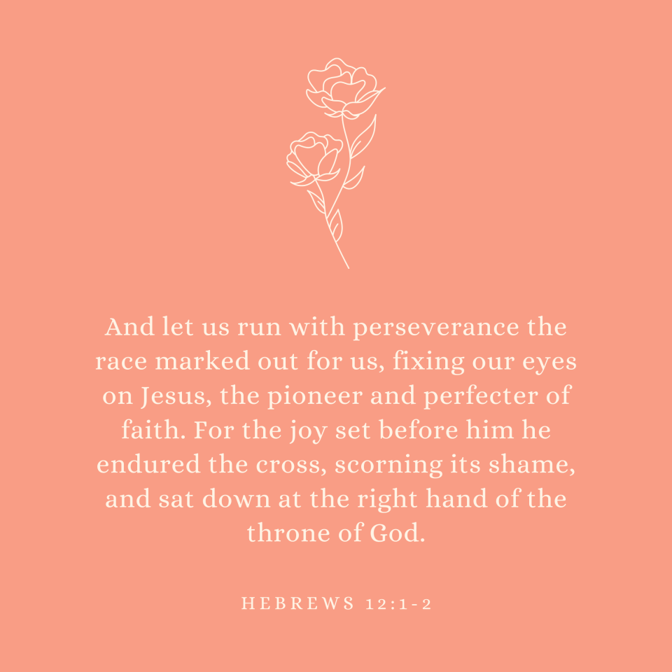 Hebrews 12:1-2 And let us run with perseverance the race marked out for us, fixing our eyes on Jesus, the pioneer and perfecter of faith. For the joy set before him he endured the cross, scorning its shame, and sat down at the right hand of the throne of God.