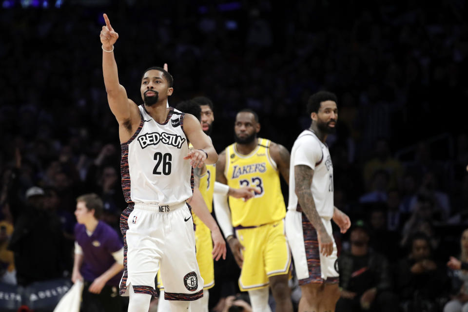 Brooklyn Nets' Spencer Dinwiddie (26) lobbies for a call to go in his team's favor during the second half of an NBA basketball game against the Los Angeles Lakers Tuesday, March 10, 2020, in Los Angeles. (AP Photo/Marcio Jose Sanchez)