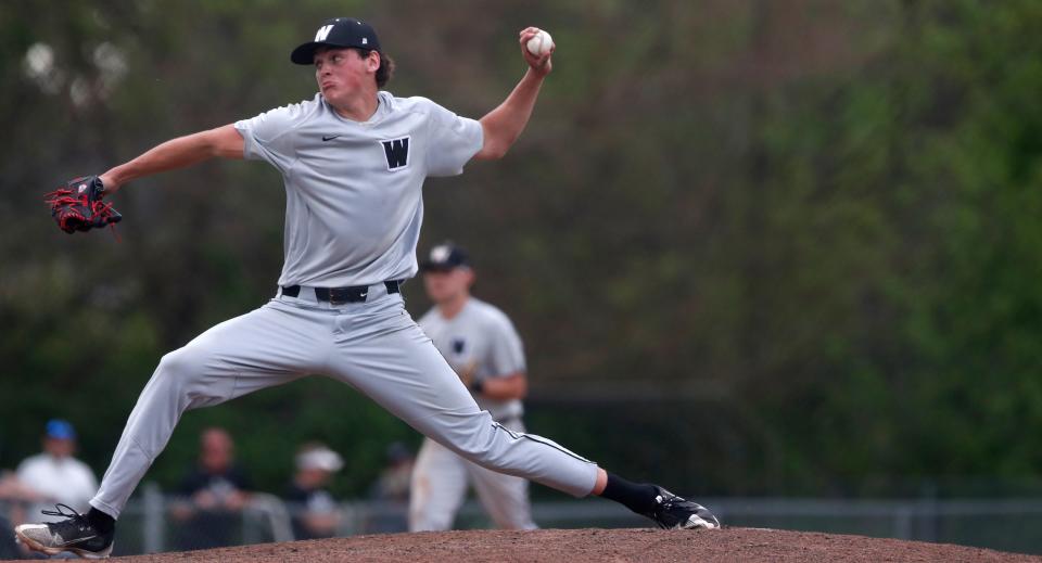 Western Panthers Mitchell Dean (20) pitches during the IHSAA Hoosier Conference Baseball Championship against the Central Catholic Knights, Friday, May 12, 2023, at Central Catholic High School in Lafayette, Ind. Western won 14-1.