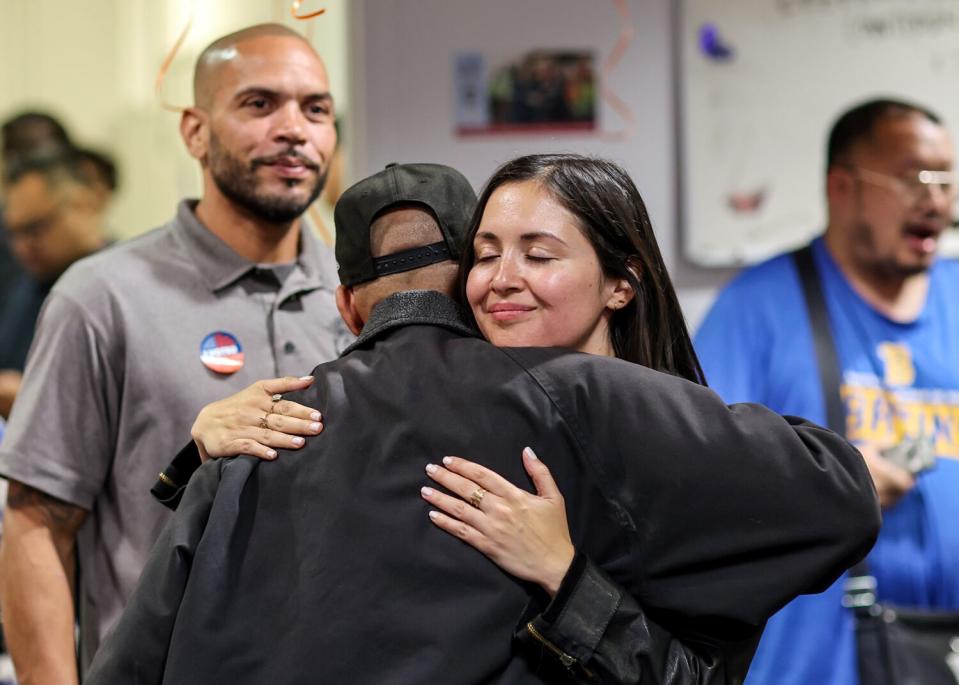 LA City Council District 6 candidate Marisa Alcaraz hugs a supporter