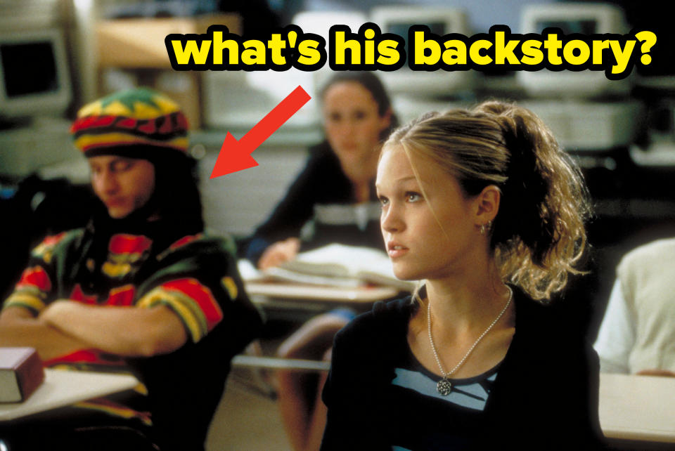 Arrow pointing to a student in a classroom wearing a Rasta-inspired outfit, with caption "What's his backstory?"