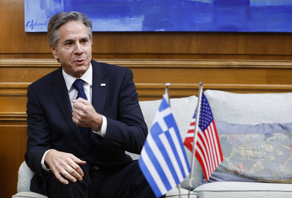 Secretary of State Antony Blinken speaks during a meeting with Greece's Prime Minister Kyriakos Mitsotakis at Maximos Mansion in Athens, Greece, on Monday, Feb. 20, 2023. Blinken will be on a two-day trip in Athens, after his visit to Turkey, to meet with the country's leadership and launch the fourth round of the US-Greece Strategic Dialogue. (Louiza Vradi/Pool Photo via AP)