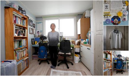 A combination picture shows Jung Hye-suk, mother of Park Sung-ho, a high school student who died in the Sewol ferry disaster, as she poses for a photograph in her son's room, as well as details of objects, in Ansan April 7, 2015. REUTERS/Kim Hong-Ji