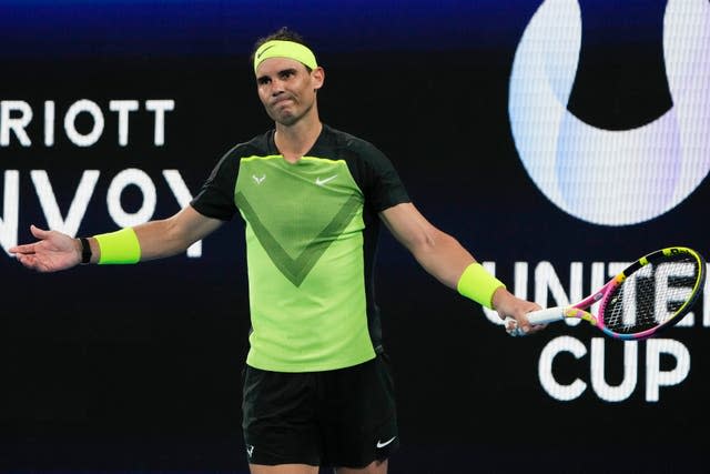 Spain’s Rafael Nadal reacts after losing a point