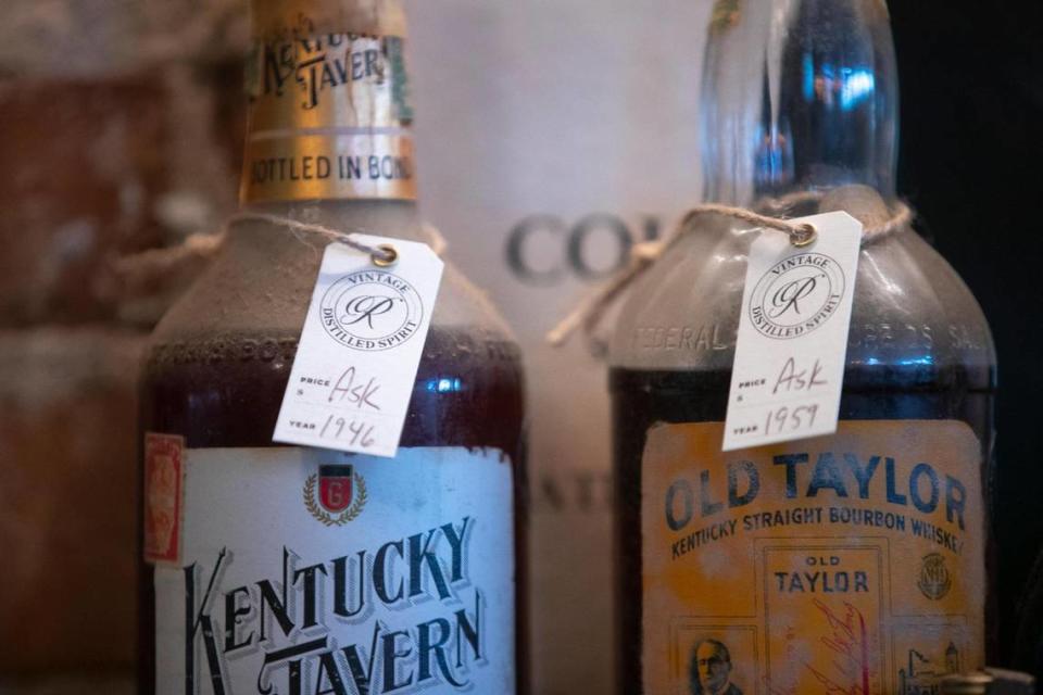 Vintage bottles of bourbon are offered for sale at Revival Spirits in Covington, Ky., Tuesday, May 9, 2023. Despite the Kentucky Vintage Spirits law being intended for sales of “dusties” like these, many sales are newer bourbon releases.