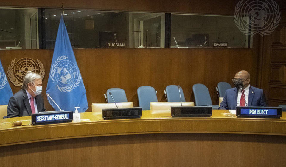 U.N. Secretary-General Antonio Guterres, left, meeting with Abdulla Shahid, right, president-elect of the 76th Session of the United Nations General Assembly, on Sept. 14, 2021 at U.N. headquarters in New York City.  / Credit: United Nations Photo/Eskinder Debebe via AP