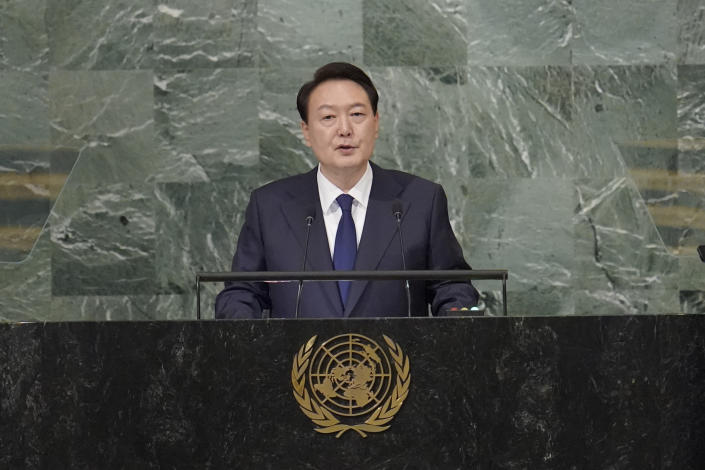 South Korean President Yoon Suk Yeol addresses the 77th session of the United Nations General Assembly, Tuesday, Sept. 20, 2022 at U.N. headquarters. (AP Photo/Mary Altaffer)