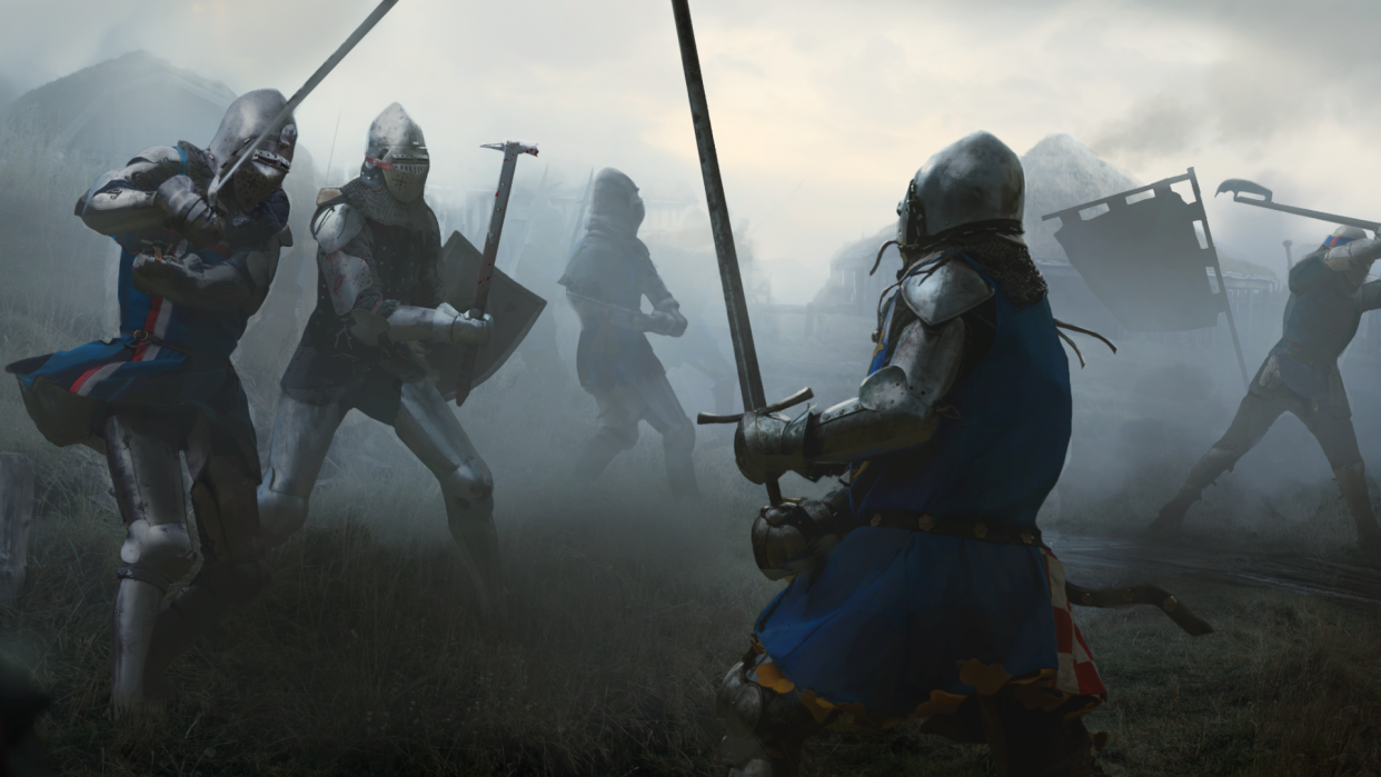  Three knights fighting on a misty battlefield . 