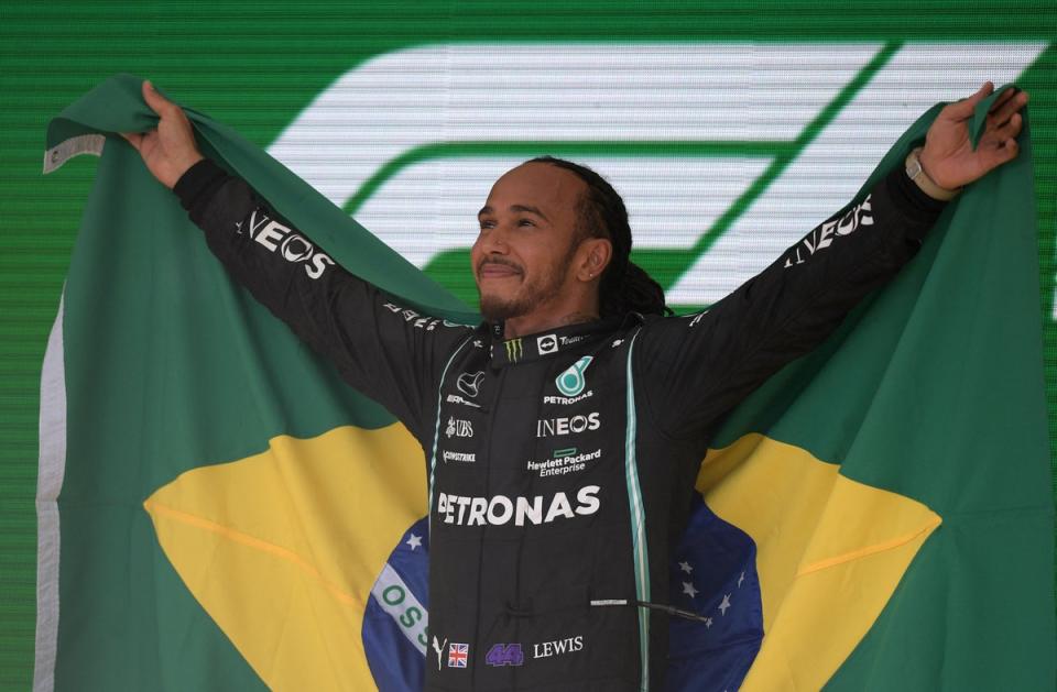 Hamilton lifts the Brazil flag after his triumph at Interlagos last year (AFP/Getty)