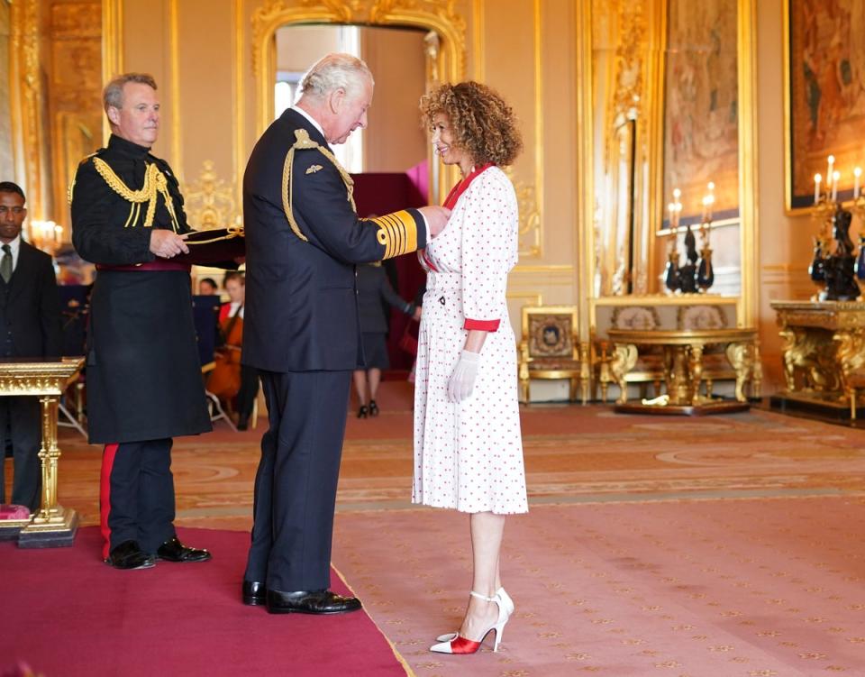 Dame Donna Langley-Shamshiri with the Prince of Wales at Windsor Castle (Dominic Lipinski/PA) (PA Wire)