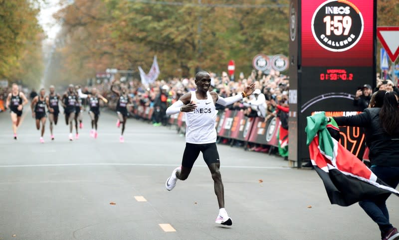 FILE PHOTO: Eliud Kipchoge, the marathon world record holder from Kenya, attempts to run a marathon in under two hours in Vienna