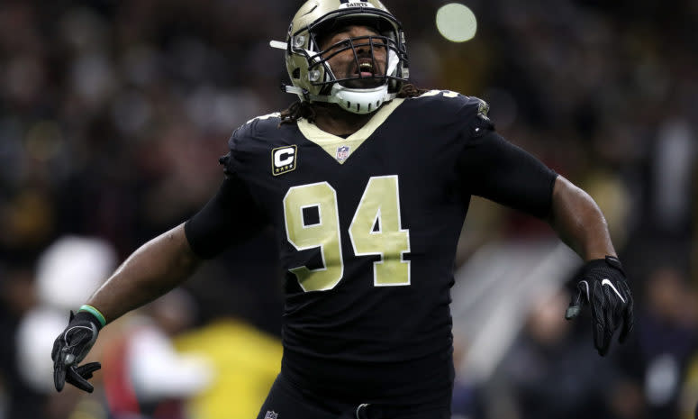 A closeup of Cameron Jordan during a New Orleans Saints game.