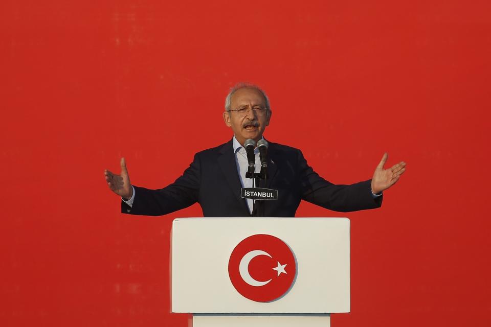 FILE - Kemal Kilicdaroglu, leader of Republican People's Party, CHP, delivers a speech during a Democracy and Martyrs' Rally in Istanbul, Turkey, on Aug. 7, 2016. Kilicdaroglu, the main challenger to President Recep Tayyip Erdogan in the May 14 election, cuts a starkly different figure than the incumbent who has led the country for two decades. As the polarizing Erdogan has grown increasingly authoritarian, Kilicdaroglu has a reputation as a bridge builder and vows to restore democracy. (AP Photo/Emrah Gurel, File)