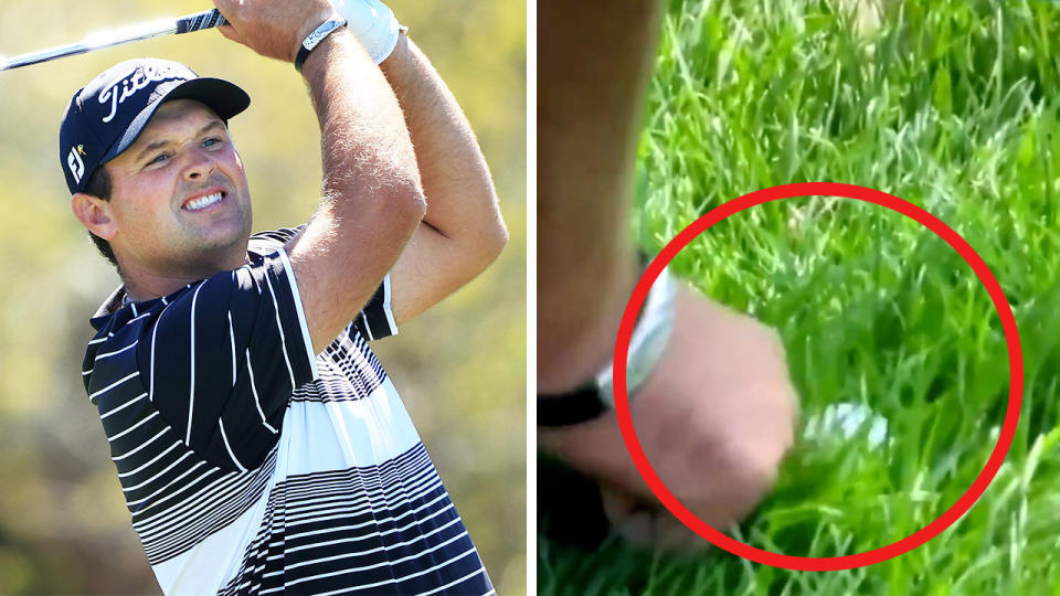 Patrick Reed (pictured left) hitting a shot and (pictured right) appearing to move grass in front of his ball.