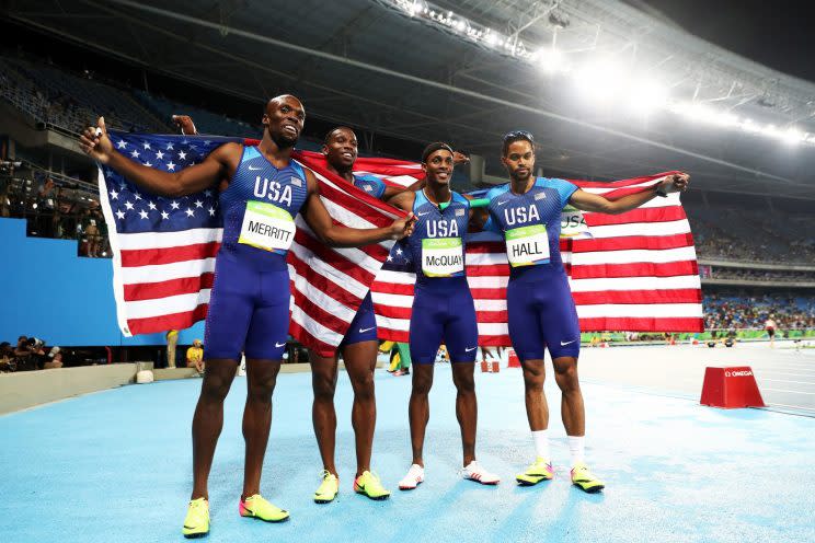 (L-R) Lashawn Merritt, Gil Roberts, Tony McQuay and Arman Hall of the United States react after winning gold in the Men's 4 x 400 meter Relay on Day 15 of the Rio 2016 Olympic Games at the Olympic Stadium on August 20, 2016 in Rio de Janeiro, Brazil. (Photo by Ezra Shaw/Getty Images)