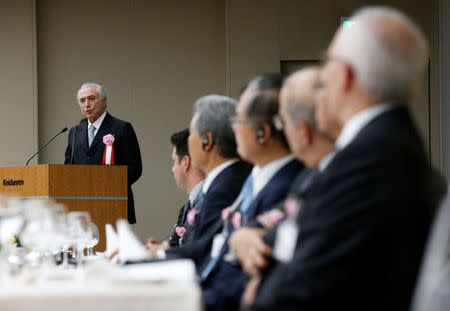 Brazilian President Michel Temer makes a speech as he attends a luncheon hosted by the Keidanren, Japan's largest business lobby, in Tokyo, Japan, October 19, 2016. REUTERS/Kim Kyung-Hoon