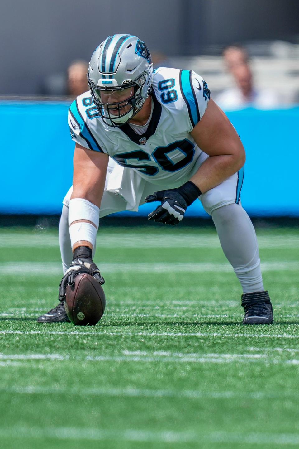 Carolina Panthers guard Pat Elflein (60) during the first quarter against the Cleveland Browns at Bank of America Stadium in Charlotte on Sept. 11, 2022.