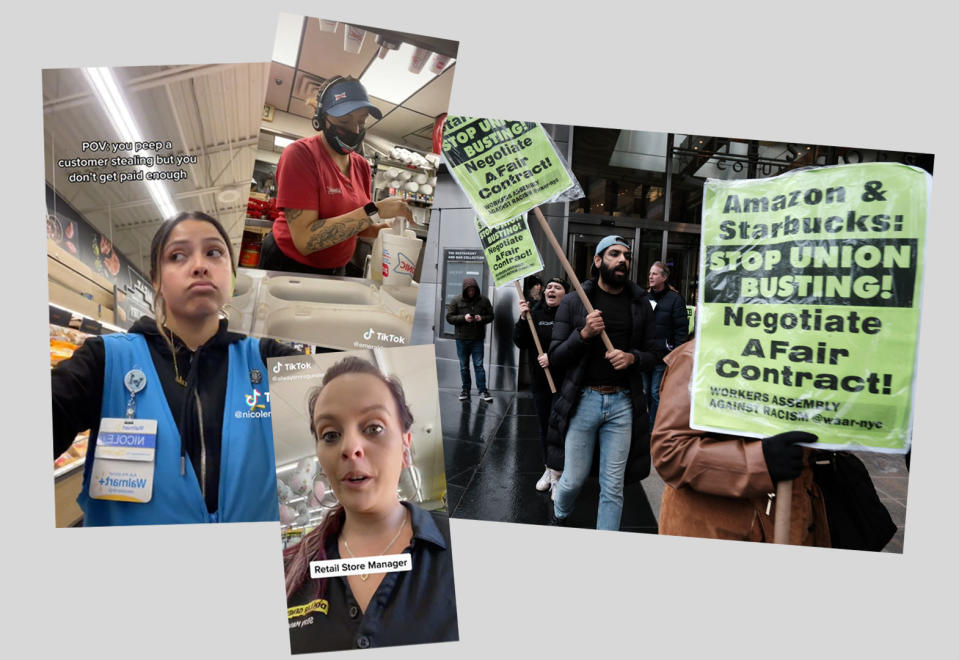 Clockwise from top: TikTok from a worker at Sonic; members of the Amazon Labor Union and others protesting in New York City on Nov. 30, 2022; a TikTok from a former Dollar Store manager; a TikTok from a Walmart employee