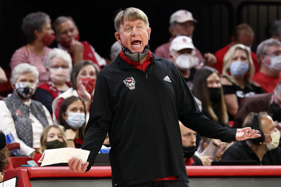 North Carolina State coach Wes Moore protest a call during the first half of the team's NCAA college basketball game against South Carolina, Tuesday, Nov. 9, 2021 in Raleigh, N.C. (AP Photo/Karl B. DeBlaker)