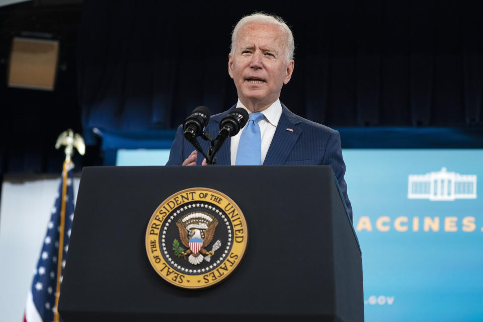 President Joe Biden delivers remarks on the full FDA approval of the Pfizer-BioNTech coronavirus vaccine, in the South Court Auditorium on the White House campus, Monday, Aug. 23, 2021, in Washington. (AP Photo/Evan Vucci)