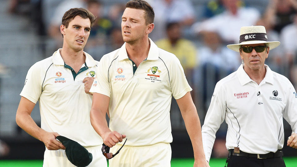 Josh Hazlewood, pictured here after suffering an injury against New Zealand.