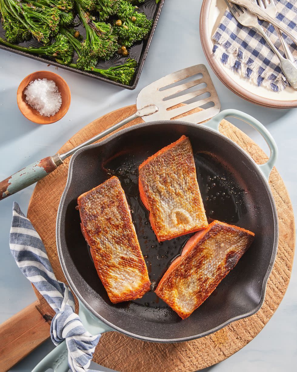crispy panseared salmon with broiled broccolini and capers