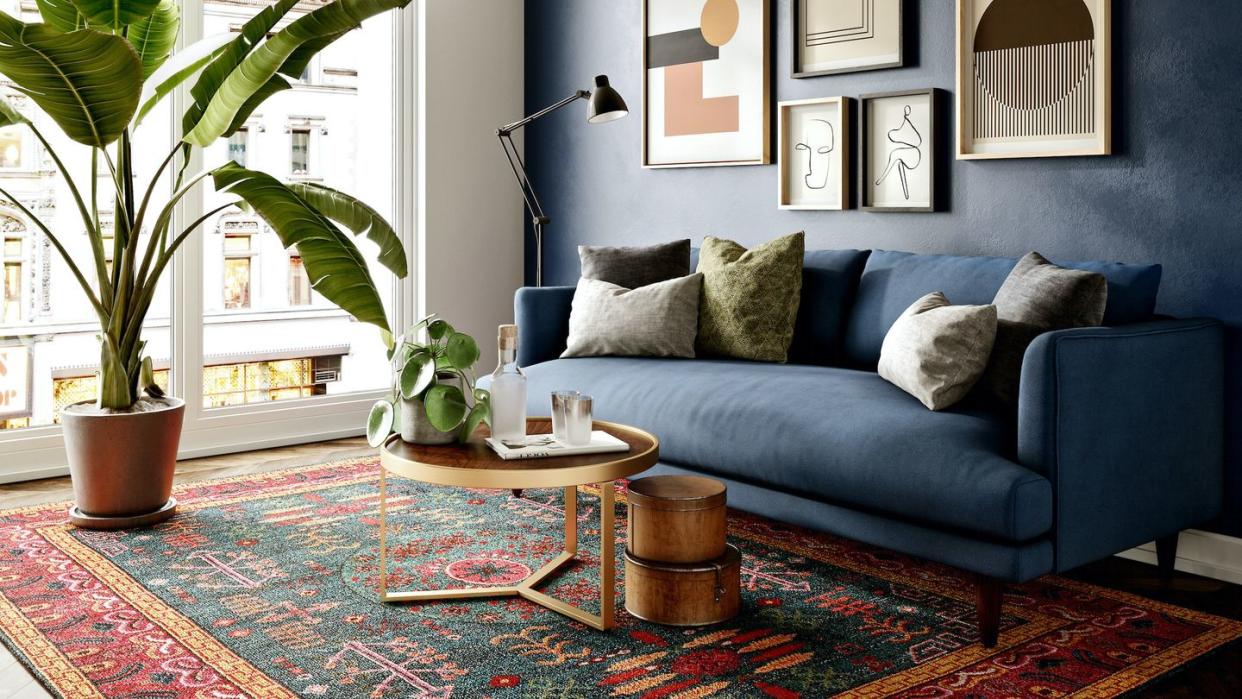 a living room with a couch and a coffee table