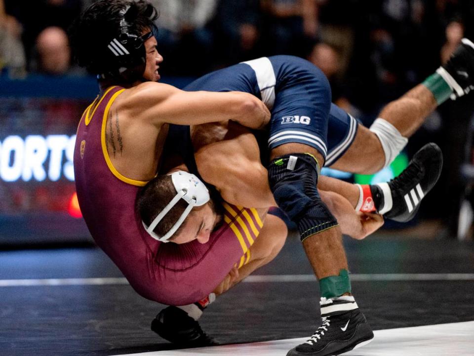 Penn State’s Shayne Van Ness controls Arizona State’s Kyle Park in the during the 149 lb bout of the National Wrestling Coaches Association All-Star Classic at Rec Hall on Tuesday, Nov. 21, 2023.