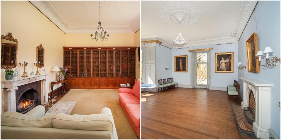 A side by side view of the library and drawing room at Kilberry castle.