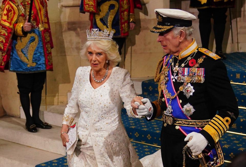King Charles III and Queen Camilla departing from the Sovereign's Entrance at the Palace of Westminster following the State Opening of Parliament in the House of Lords, London. Picture date: Tuesday November 7, 2023.