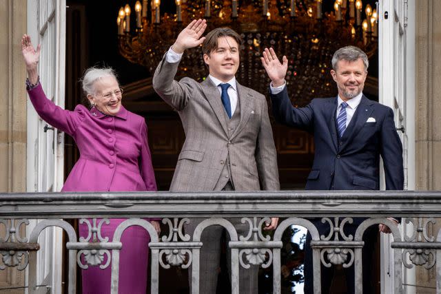 <p>MADS CLAUS RASMUSSEN/Ritzau Scanpix/AFP via Getty</p> Queen Margrethe, Prince Christian and Prince Frederik from the balcony of Frederik VIII at Amalienborg Castle in Copenhagen