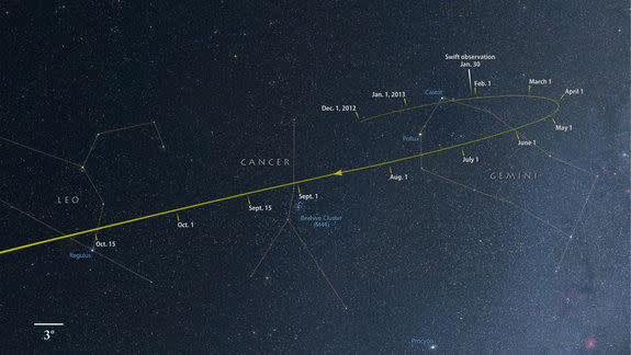 From now through October, comet ISON tracks through the constellations Gemini, Cancer and Leo as it falls toward the sun. Image released March 29, 2013.