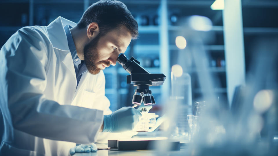 A scientist in a lab using a microscope to develop new treatments for Multiple Myeloma.