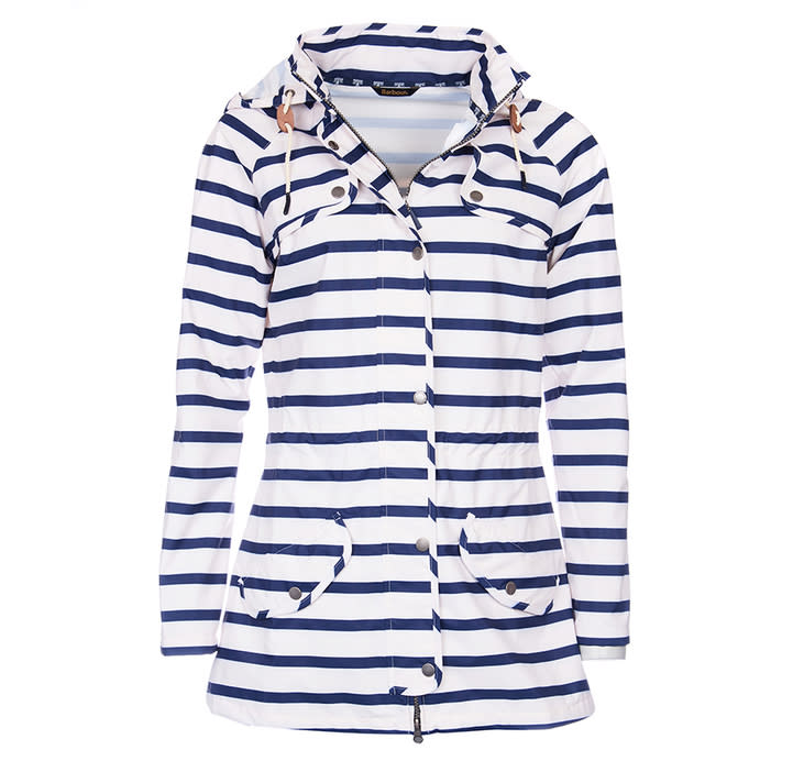 <p>Stripe waterproof jacket, £199, <a rel="nofollow noopener" href="http://www.barbour.com/uk/categories/womens/waterproof-jackets/barbour-stripe-trevose-waterproof-jacket/p/LWB0408NY7110?breadcrumbs=womens&breadcrumbs=womens-waterproof" target="_blank" data-ylk="slk:Barbour;elm:context_link;itc:0;sec:content-canvas" class="link ">Barbour</a></p>