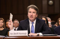 FILE PHOTO: U.S. Supreme Court nominee judge Brett Kavanaugh testifies during his Senate Judiciary Committee confirmation hearing on Capitol Hill in Washington, U.S., September 5, 2018. REUTERS/Chris Wattie -/File Photo