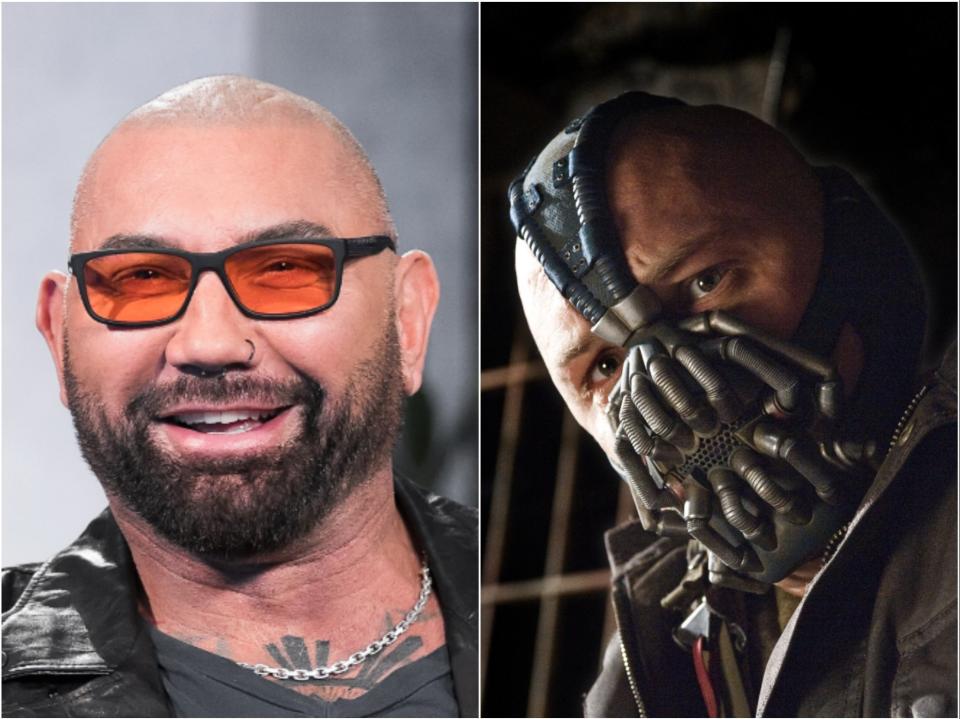 Dave Bautista (left) and Tom Hardy as Bane in The Dark Knight Rises (right) (Getty/Warner Bros)