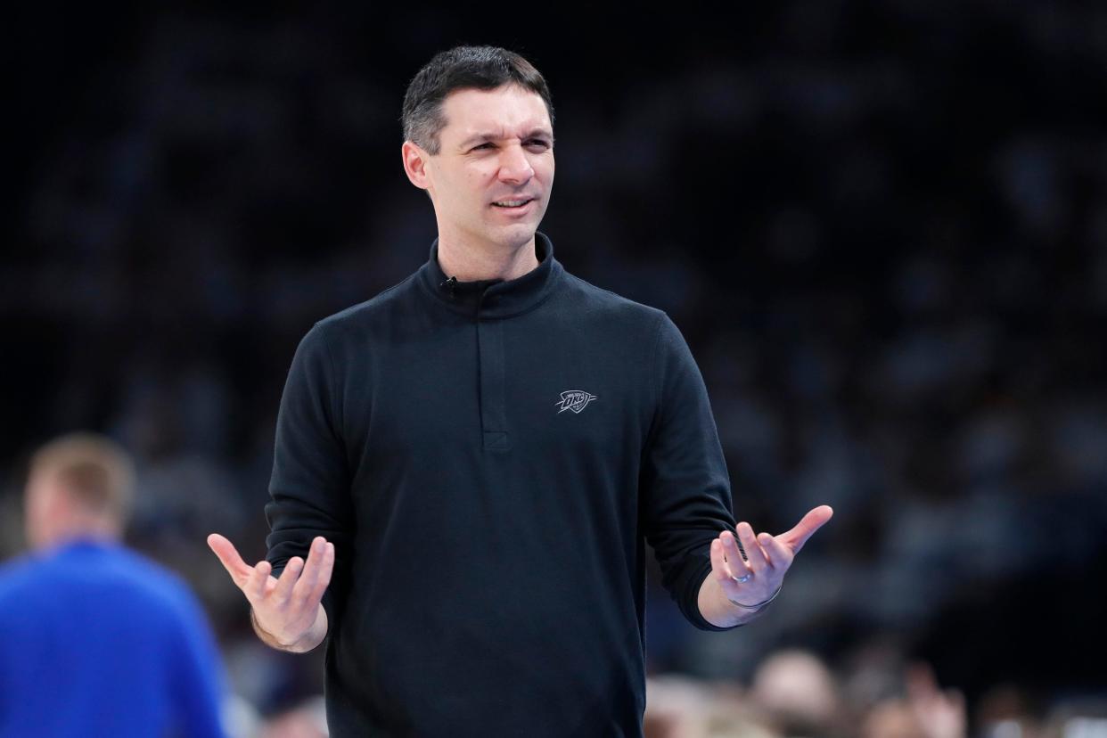 Thunder coach Mark Daigneault gestures during Game 1 of the Western Conference semifinals NBA playoff game between the Oklahoma City Thunder and the Dallas Mavericks at Paycom Center in Oklahoma City, Tuesday, May 7, 2024. Oklahoma City won 117-95.