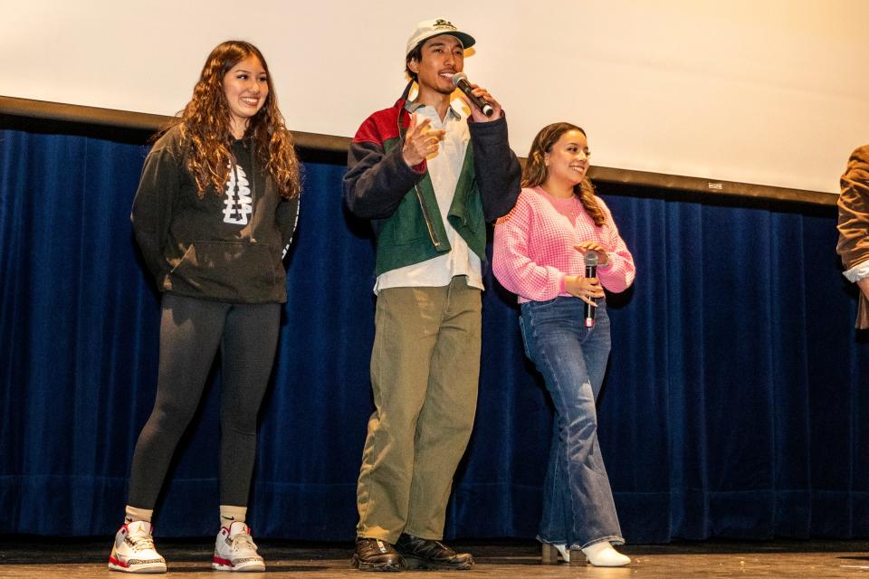 Answering questions about their films during Student Screening Day at Indio High School on Thursday are, from left, Meryland Gonzalez, Gabriel Gaurano and Isabella Luna. Gonzalez and Guarano are the star and director, respectively, of "Team Meryland," while Luna is featured in "Going Varsity in Mariachi."