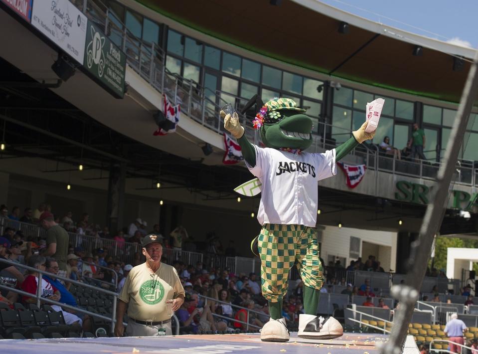 Augusta GreenJackets' mascot Auggie boosts up the fans at a game at SRP Park in North Augusta's Riverside Village.