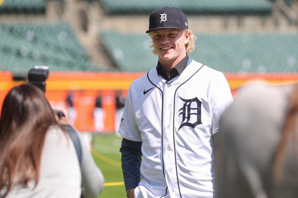 Tigers first-round draft pick Max Clark walks on the field before a game between Tigers and Padres at Comerica Park on Friday, July 21, 2023.