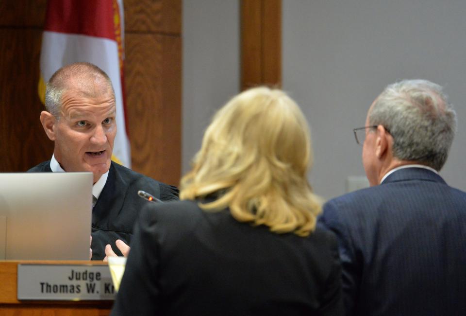 Judge Thomas Krug speaks to Assistant State Attorney Karen Fraivillig and defense attorney Jerome Meisner on Monday during jury selection in the first degree murder trail of Robert Parolisi.  Parolisi is charged with first degree murder for the connection to the 2020 fatal shooting of his ex-girlfriend, Amber Shildneck, in North Port.