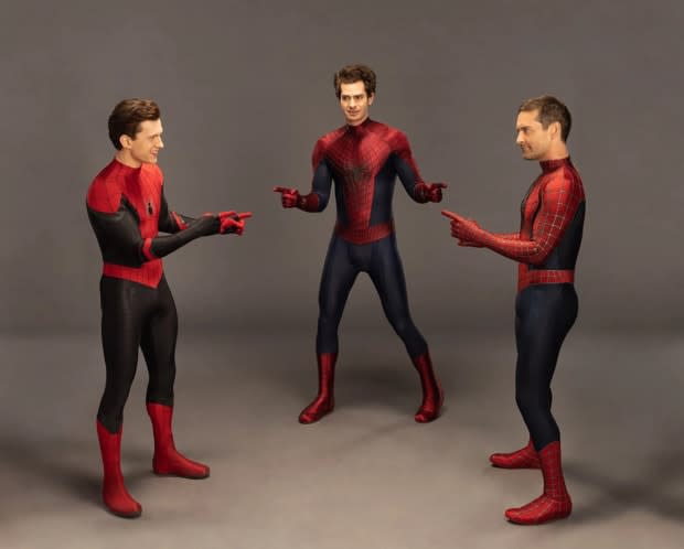 Tom Holland as Peter Parker/Spider-Man in the MCU, Andrew Garfield as Spider-Man/Peter Parker, and Tobey Maguire as Spider-Man/Peter Parker are seen behind the scenes of "Spider-Man: No Way Home." They will reprise the roles in "Spider-Man: Across the Spider-Verse."<p>Sony Pictures/Marvel Studios</p>