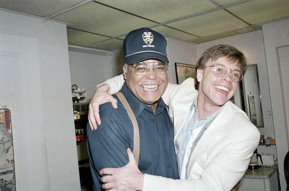 1987: James Earl Jones, left, gets a hug Mark Hamill backstage after Jones finished a performance in the Broadway hit 